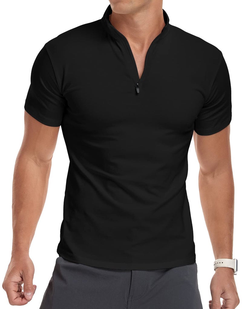 YTD Men's Short Sleeve Polo Shirts Quarter-Zip Casual Slim Fit Mock Neck Basic Designed Cotton Shirts XL Black - Image 1