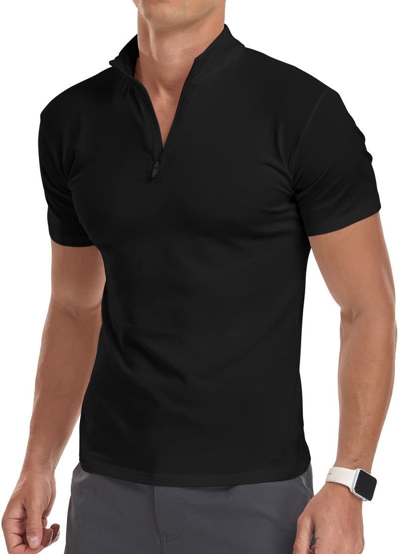 YTD Men's Short Sleeve Polo Shirts Quarter-Zip Casual Slim Fit Mock Neck Basic Designed Cotton Shirts XL Black - Image 2