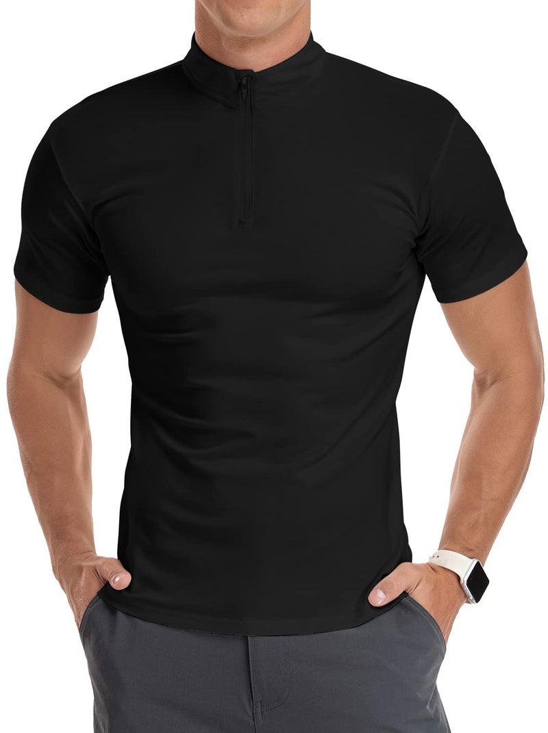 YTD Men's Short Sleeve Polo Shirts Quarter-Zip Casual Slim Fit Mock Neck Basic Designed Cotton Shirts XL Black - Image 3