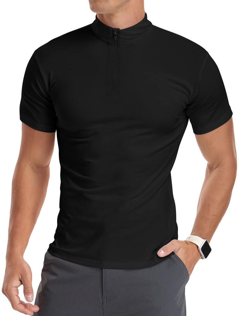 YTD Men's Short Sleeve Polo Shirts Quarter-Zip Casual Slim Fit Mock Neck Basic Designed Cotton Shirts XL Black - Image 4