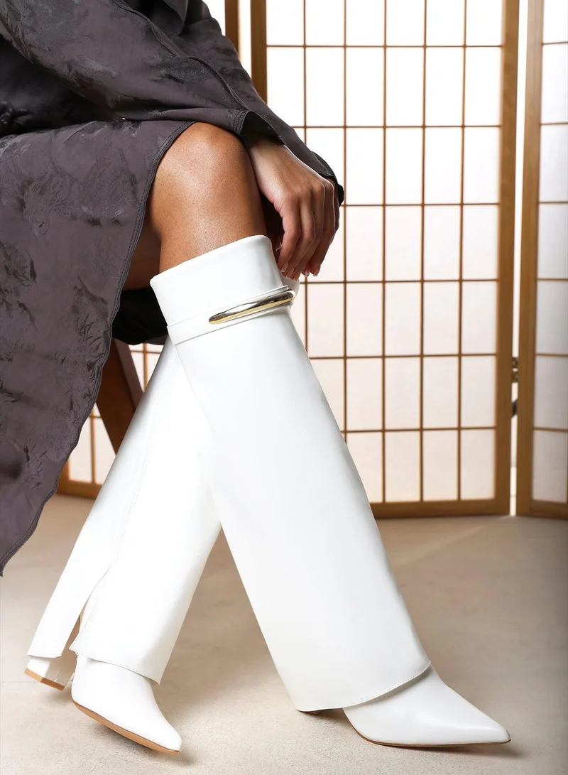 ويرز ذات فروم Nareva Fold Over Shark Block Heel Point Toe Boots With Trim Detail