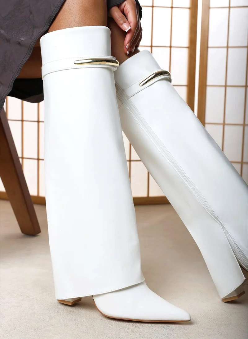 ويرز ذات فروم Nareva Fold Over Shark Block Heel Point Toe Boots With Trim Detail
