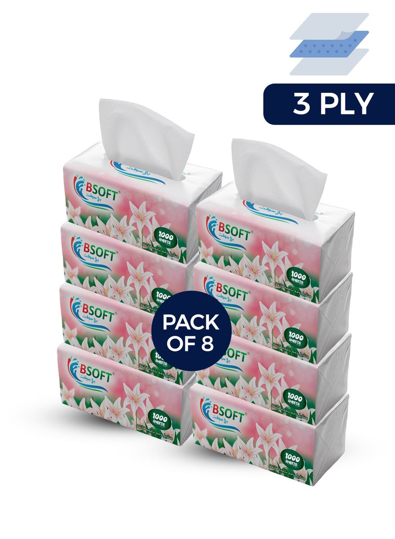 BSOFT Super Soft Facial Tissues – 1000 Sheets, 3Ply, Pack of 8 Boxes | Ultra-Soft, Strong & Absorbent Tissue Paper for Home, Office & Everyday Use Tissue Size 20x20cm - Image 1