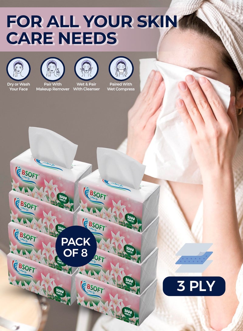 BSOFT Super Soft Facial Tissues – 1000 Sheets, 3Ply, Pack of 8 Boxes | Ultra-Soft, Strong & Absorbent Tissue Paper for Home, Office & Everyday Use Tissue Size 20x20cm - Image 3