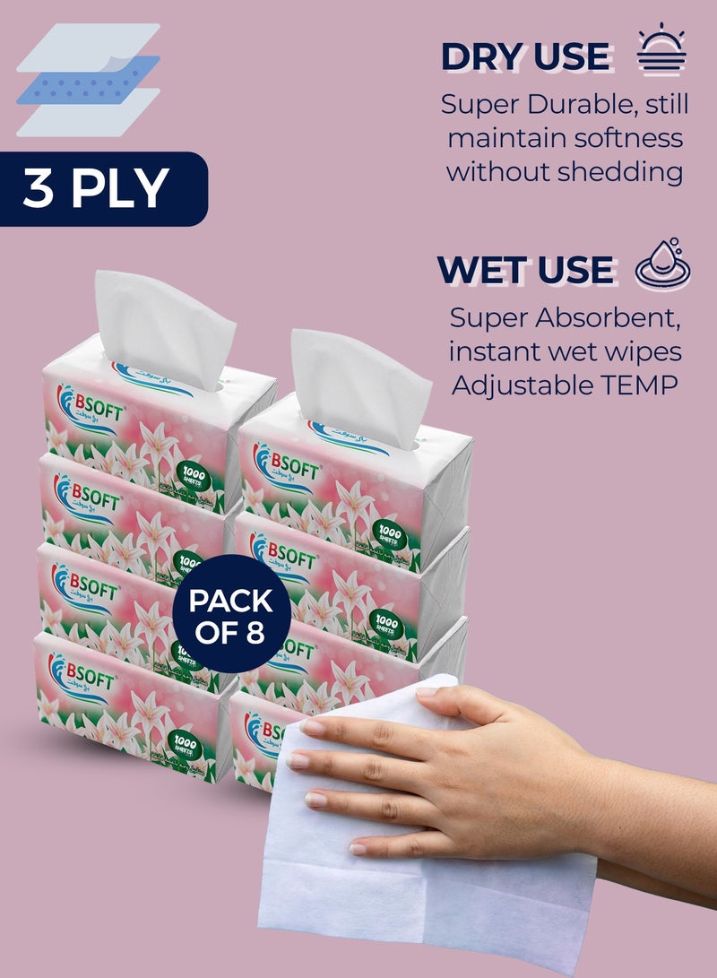 BSOFT Super Soft Facial Tissues – 1000 Sheets, 3Ply, Pack of 8 Boxes | Ultra-Soft, Strong & Absorbent Tissue Paper for Home, Office & Everyday Use Tissue Size 20x20cm - Image 2