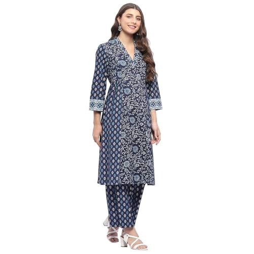 BIBA Women Cotton Printed Kurta Sets (SKDJAPUD10923SS25IND_Indigo, Medium - Image 3