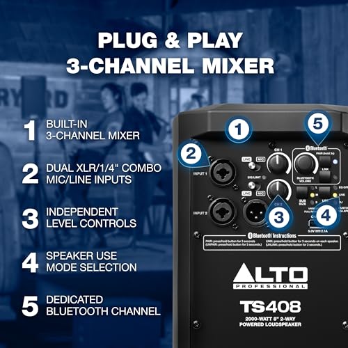 Alto مكبر صوت PA مدعوم ALTO TS408 بقوة 2000 واط بحجم 8" مع خلاط 3 قنوات، بث بلوتوث، ربط مكبرات صوت لاسلكية، DSP وتطبيق ALTO - Image 3