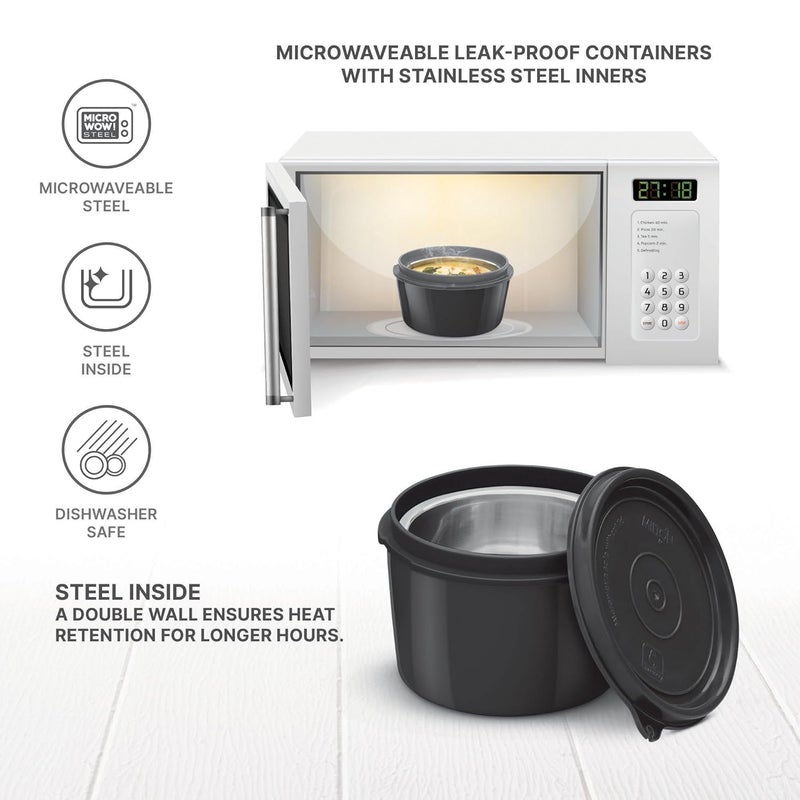 Milton Milton Decker Lunch Box with Insulated Fabric Jacket, 3 Containers (1 Oval Stainless Steel 450 ml, 2 Inner Stainless Steel 450 ml), Microwave Safe & Leak-Proof Tiffin for Office, School, College,Black  - Image 4