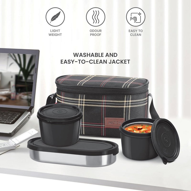 Milton Milton Decker Lunch Box with Insulated Fabric Jacket, 3 Containers (1 Oval Stainless Steel 450 ml, 2 Inner Stainless Steel 450 ml), Microwave Safe & Leak-Proof Tiffin for Office, School, College,Black  - Image 5