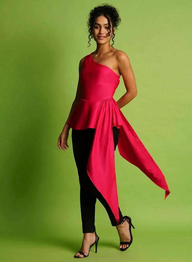 Globus Women Pink Solid One Shoulder Satin Peplum Top with Gathered Overlay