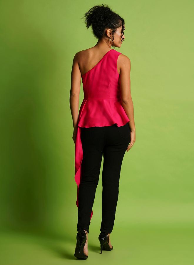 Globus Women Pink Solid One Shoulder Satin Peplum Top with Gathered Overlay - Image 3