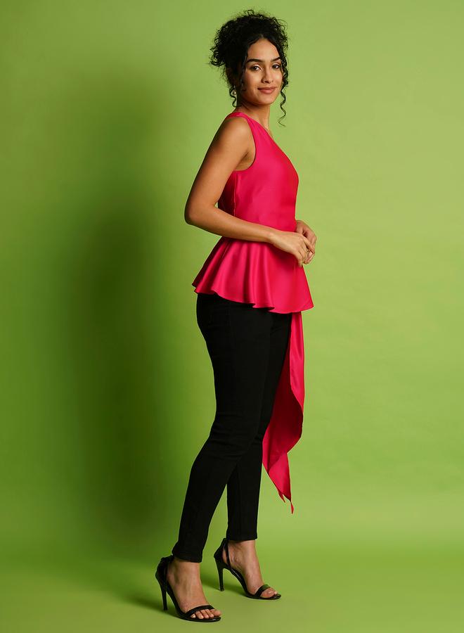 Globus Women Pink Solid One Shoulder Satin Peplum Top with Gathered Overlay - Image 2
