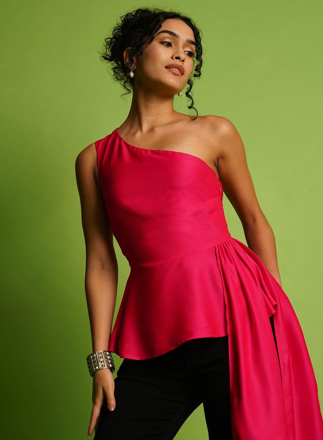 Globus Women Pink Solid One Shoulder Satin Peplum Top with Gathered Overlay - Image 1