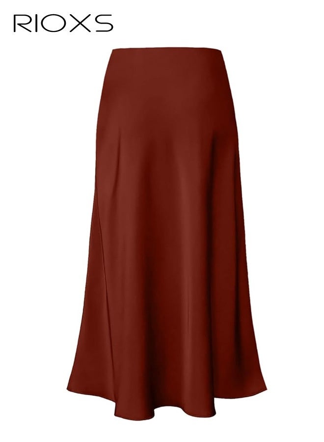 RIOXS Women's Satin A Line Midi Skirt, Dressy Flowy High Waisted Cocktail Wedding Skirt, Casual Fall Summer Vacation Outfits for Ladies - Image 3