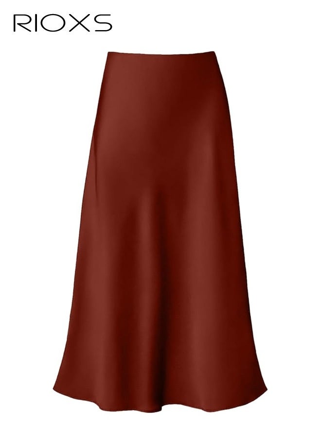 RIOXS Women's Satin A Line Midi Skirt, Dressy Flowy High Waisted Cocktail Wedding Skirt, Casual Fall Summer Vacation Outfits for Ladies - Image 2