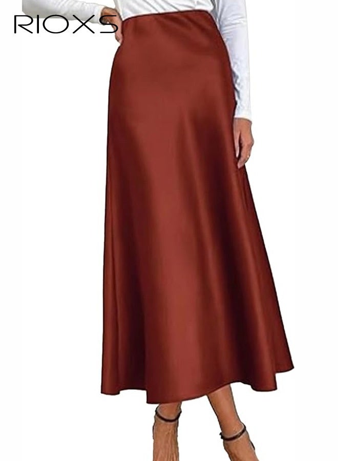 RIOXS Women's Satin A Line Midi Skirt, Dressy Flowy High Waisted Cocktail Wedding Skirt, Casual Fall Summer Vacation Outfits for Ladies - Image 4