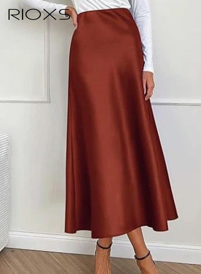 RIOXS Women's Satin A Line Midi Skirt, Dressy Flowy High Waisted Cocktail Wedding Skirt, Casual Fall Summer Vacation Outfits for Ladies - Image 1