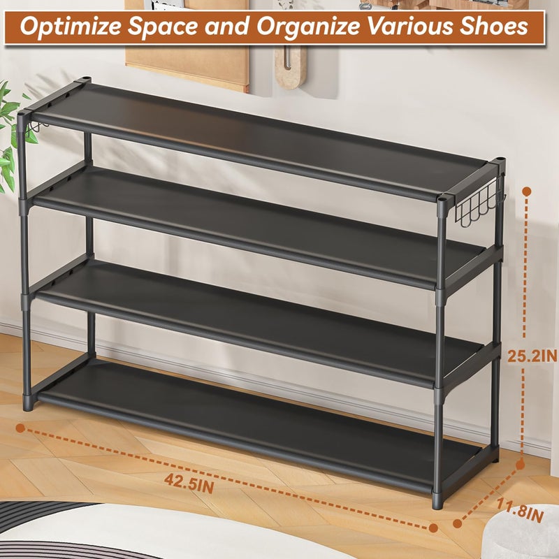 LUKYTOWER Extra Long Shoe Rack 4 Tier Shoe Storage Organizer with 2 Hooks, Wide Stackable Shoe Organizer Racks for Closet Entryway,Shoe Shelf Stand Sturdy Durable Shoes Holder Save Space Up to 26Pairs - Image 3