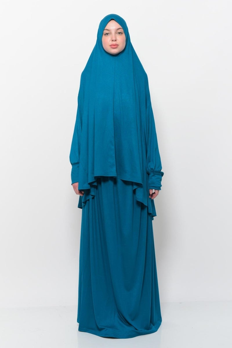 Altobeh Practical Two Piece Cotton Bat Sleeves with Headscarf Organic Hijab Prayer Dress - Light Petrol  - Image 1