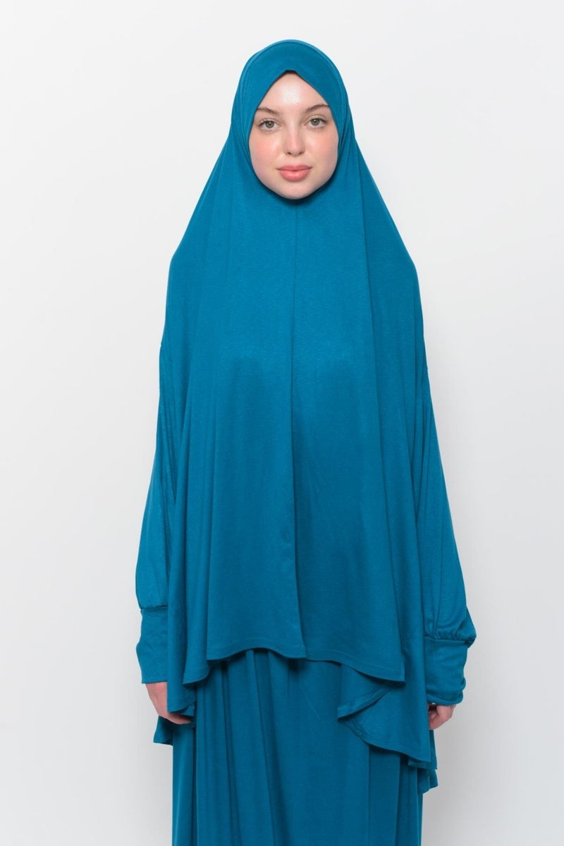 Altobeh Practical Two Piece Cotton Bat Sleeves with Headscarf Organic Hijab Prayer Dress - Light Petrol  - Image 2