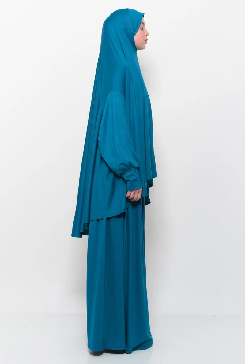 Altobeh Practical Two Piece Cotton Bat Sleeves with Headscarf Organic Hijab Prayer Dress - Light Petrol