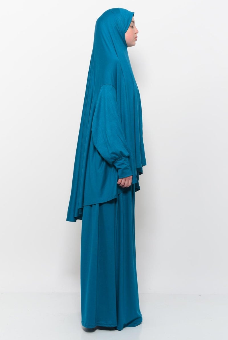 Altobeh Practical Two Piece Cotton Bat Sleeves with Headscarf Organic Hijab Prayer Dress - Light Petrol  - Image 4