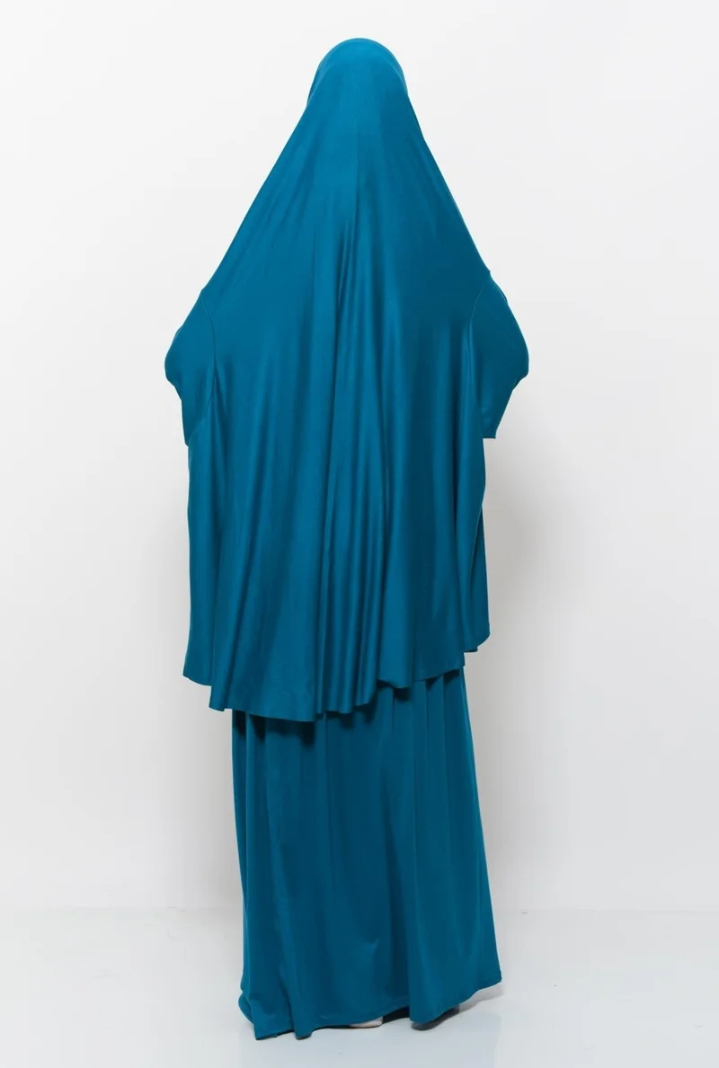 Altobeh Practical Two Piece Cotton Bat Sleeves with Headscarf Organic Hijab Prayer Dress - Light Petrol