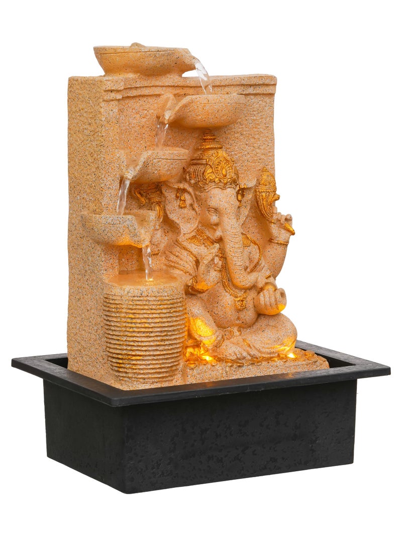 CHRONIKLE Polyresin Sand Ganesha Idol Tabletop Indoor 4 Diya Steps Water Fountain for Home Decor with Yellow LED Light & Water Flow Controller Pump (Size: 39 x 29.5 x 22CM | Wt: 2195grm) - Image 5