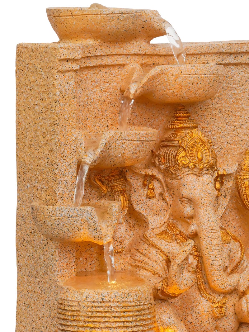 CHRONIKLE Polyresin Sand Ganesha Idol Tabletop Indoor 4 Diya Steps Water Fountain for Home Decor with Yellow LED Light & Water Flow Controller Pump (Size: 39 x 29.5 x 22CM | Wt: 2195grm) - Image 3