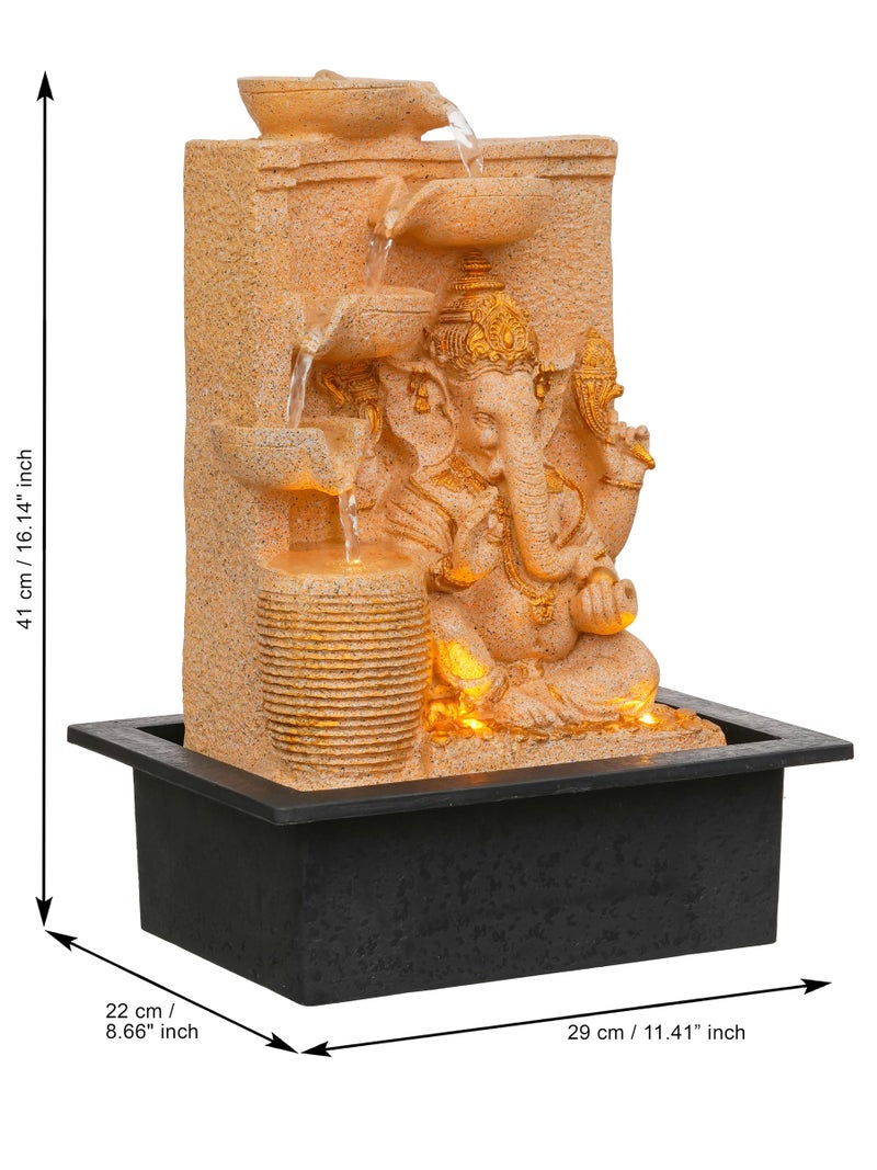 CHRONIKLE Polyresin Sand Ganesha Idol Tabletop Indoor 4 Diya Steps Water Fountain for Home Decor with Yellow LED Light & Water Flow Controller Pump (Size: 39 x 29.5 x 22CM | Wt: 2195grm) - Image 2
