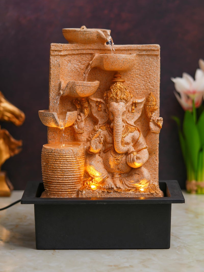 CHRONIKLE Polyresin Sand Ganesha Idol Tabletop Indoor 4 Diya Steps Water Fountain for Home Decor with Yellow LED Light & Water Flow Controller Pump (Size: 39 x 29.5 x 22CM | Wt: 2195grm) - Image 1