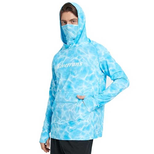 Riverruns UPF 50+ Fishing Hoodie, Sun Hooded Fishing Shirt, Sun Protection Long Sleeves Shirt for Men Fishing (Ⅱ Water Wripple CamoBlue,2XL) - Image 2