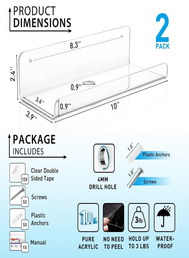 OAPRIRE Clear Acrylic Wall Shelf Set of 2, 10" Floating Book Shelves for Wall, Display Floating Wall Shelves for Bathroom, Bedroom, Kitchen - Image 4