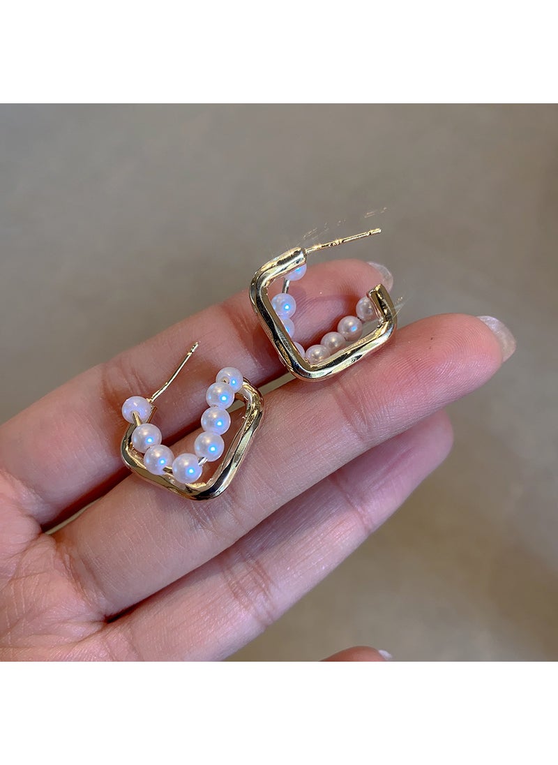 Generic - 925 Sterling Silver Needle Pearl Earrings Korean Style C-Shaped Irregular Geometric Fresh Sweet Style Womens Jewelry Gold [Silver Needle]] - Image 1