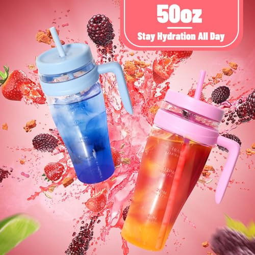 Hydraful 50 oz Tritan Plastic Tumbler with Lid and Straw and Handle - 100% Leak-Proof - Perfect for Iced Coffee, Smoothies, and Juice - Wide Mouth Reusable Water Bottle with Time Marker - Image 5