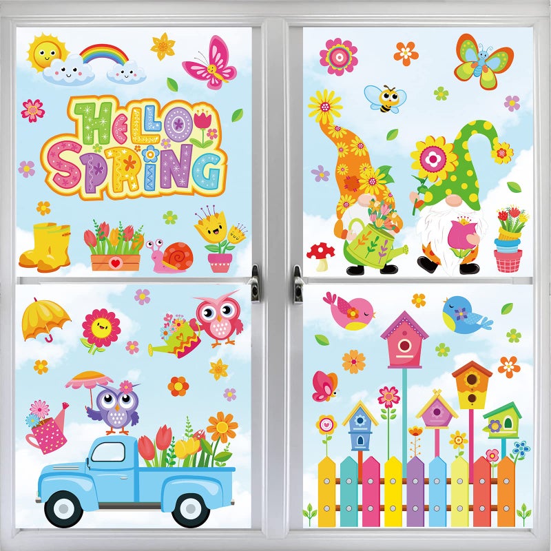 Whaline Whaline 9 Sheets Hello Spring Window Cling Stickers Spring Flower Butterfly Bird Truck Window Decals DoubleSided Window Clings for Spring Home Kid Room Classroom Decor Party Supplies 