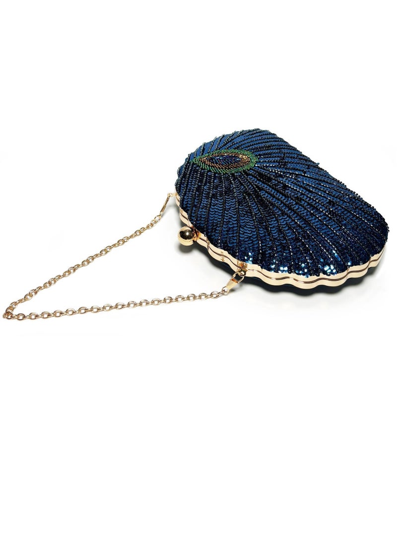 Loquat - Womens Sequin Nail Bead Peacock Pattern Clutch Purses Evening Crossbody Bag Chain Handbag for Wedding Cocktail Party Prom Dark Blue - Image 1