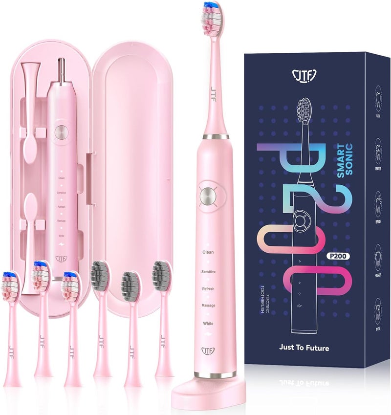 JTF Sonic Electric Toothbrush for Adults: 5 Modes with Smart Timer for Deep Cleaning & Whitening, 2 Brush Head Types for Sensitive Teeth, Gums & Braces, Travel-Friendly Case and Wireless Charging Base - Image 1