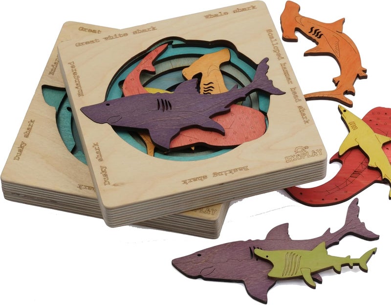 EKOPLAY ’s Multi Layered Wooden Puzzles for Kids, 5 Piece Jigsaw Puzzle for Pre-School Kids, Learning Educational Toys Gifts for Boys Girls. Wildlife Animal Puzzle Sets, Endangered Sharks. - Image 4