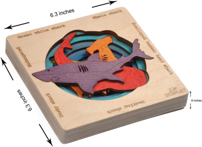 EKOPLAY ’s Multi Layered Wooden Puzzles for Kids, 5 Piece Jigsaw Puzzle for Pre-School Kids, Learning Educational Toys Gifts for Boys Girls. Wildlife Animal Puzzle Sets, Endangered Sharks. - Image 2
