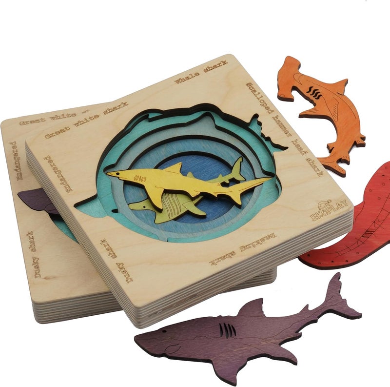 EKOPLAY ’s Multi Layered Wooden Puzzles for Kids, 5 Piece Jigsaw Puzzle for Pre-School Kids, Learning Educational Toys Gifts for Boys Girls. Wildlife Animal Puzzle Sets, Endangered Sharks. - Image 3