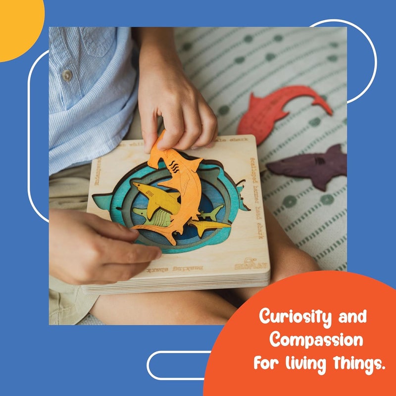 EKOPLAY ’s Multi Layered Wooden Puzzles for Kids, 5 Piece Jigsaw Puzzle for Pre-School Kids, Learning Educational Toys Gifts for Boys Girls. Wildlife Animal Puzzle Sets, Endangered Sharks. - Image 5