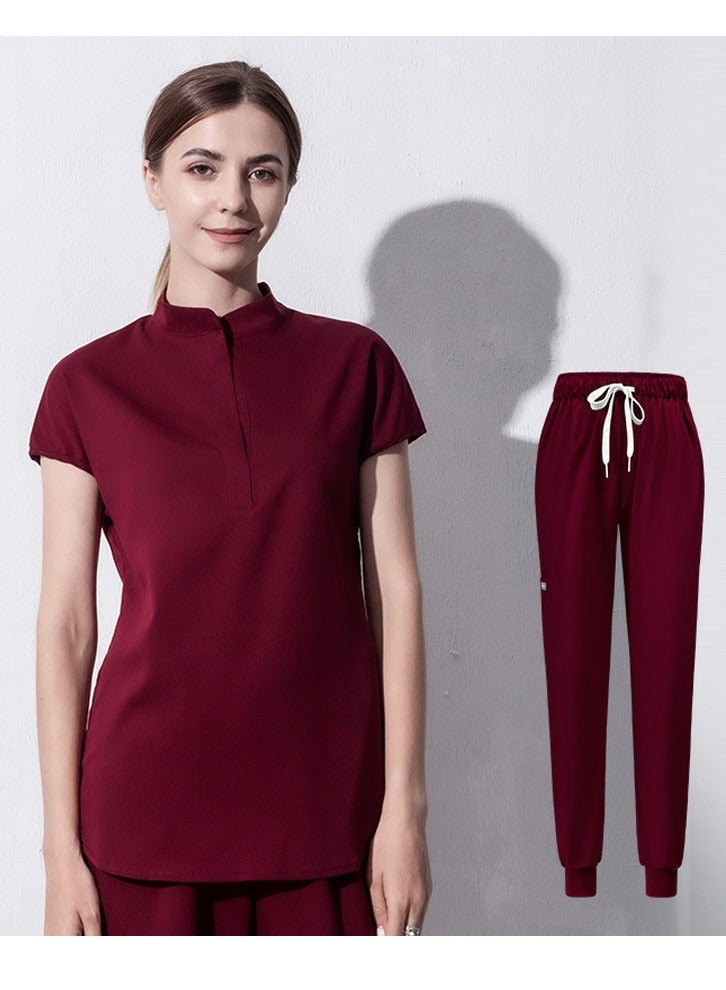 Loquat Medical Uniform Scrubs 2 Piece Set Stand Collar Top and Elastic Waist Jogger Pants Suit Wine Red 