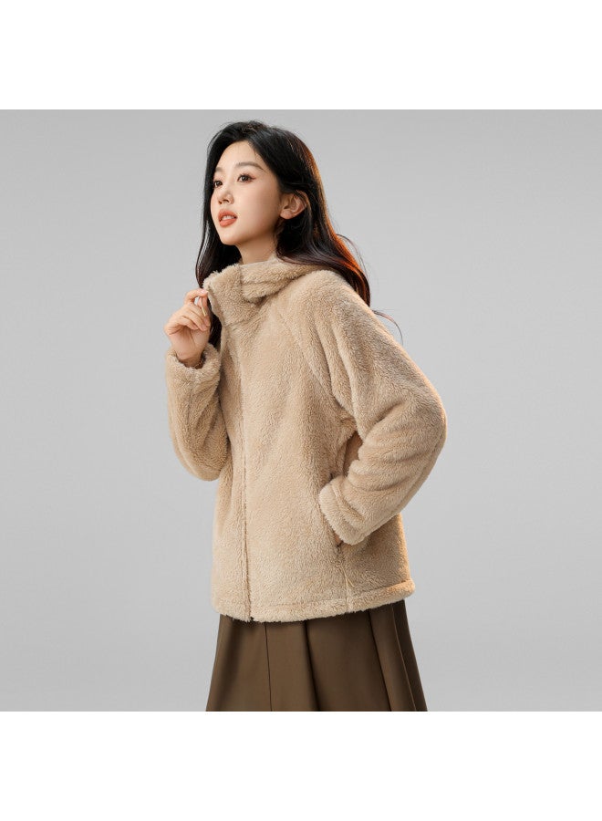 Flying in the snow Hooded Coral Fleece Jacket For Women, Autumn And Winter Style, Simple Pocket, Solid Color, Warm Top - Image 5