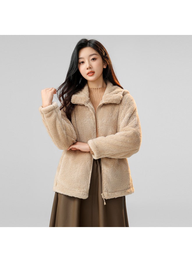 Flying in the snow Hooded Coral Fleece Jacket For Women, Autumn And Winter Style, Simple Pocket, Solid Color, Warm Top - Image 4