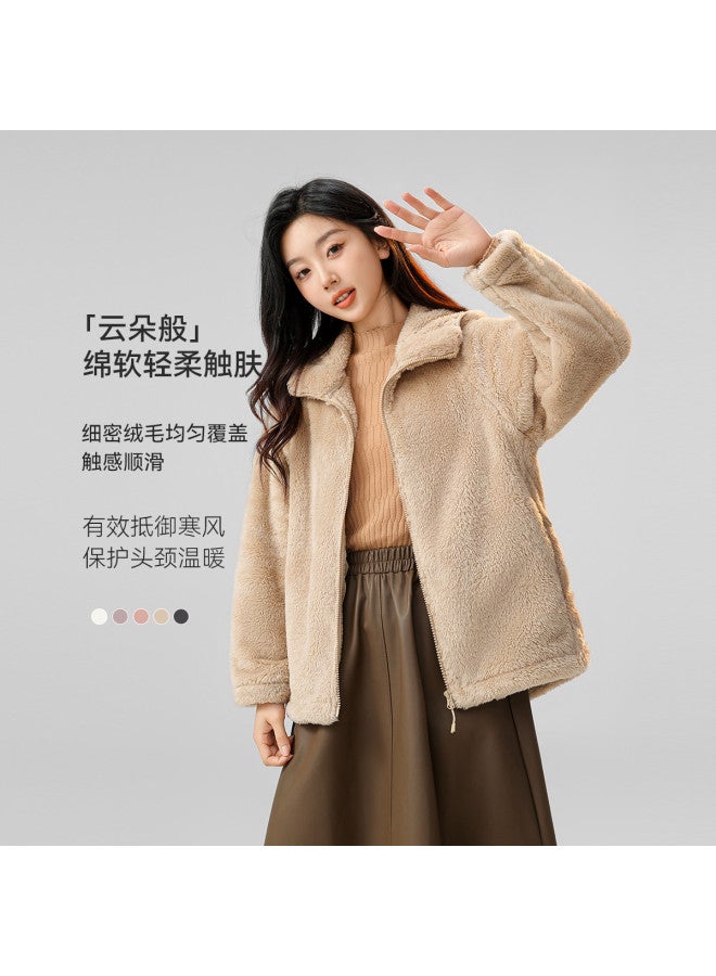 Flying in the snow Hooded Coral Fleece Jacket For Women, Autumn And Winter Style, Simple Pocket, Solid Color, Warm Top - Image 2