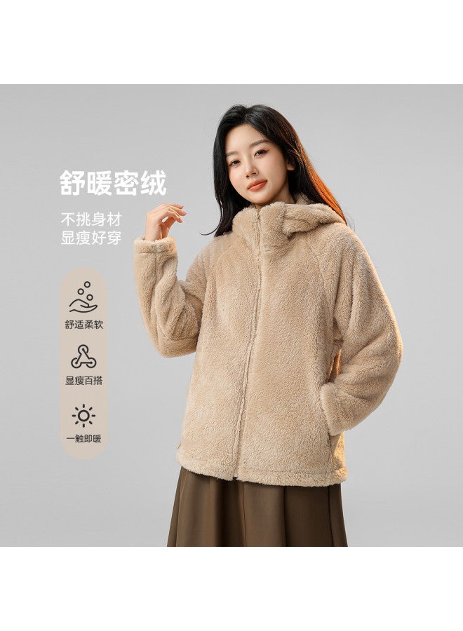 Flying in the snow Hooded Coral Fleece Jacket For Women, Autumn And Winter Style, Simple Pocket, Solid Color, Warm Top - Image 3