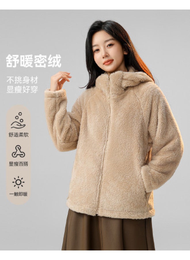 Flying in the snow Hooded Coral Fleece Jacket For Women, Autumn And Winter Style, Simple Pocket, Solid Color, Warm Top - Image 1