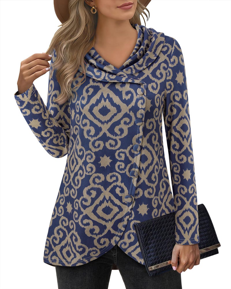 VALOLIA Womens Tops: Long Sweaters For Women - Fall Fashion Must Haves - Fall Sweatshirts For Women With Leggings Fall Winter Outfits Clothes 2025 Fashion Rown Brown Blue Pattern X-Large - Image 1