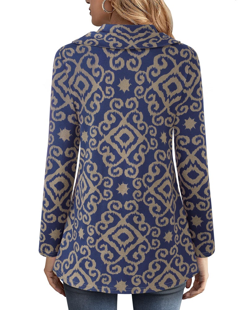 VALOLIA Womens Tops: Long Sweaters For Women - Fall Fashion Must Haves - Fall Sweatshirts For Women With Leggings Fall Winter Outfits Clothes 2025 Fashion Rown Brown Blue Pattern X-Large - Image 2